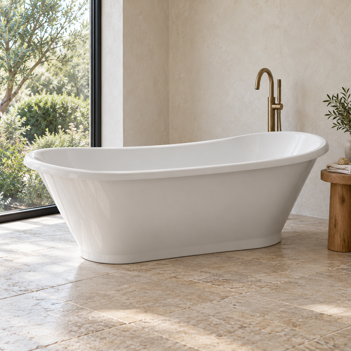 Baignoire îlot Olverton PIA blanc — profil dans une salle de bain côté jardin