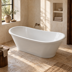 Baignoire îlot Olverton PIA blanc — vue plongeante en ambiance minérale