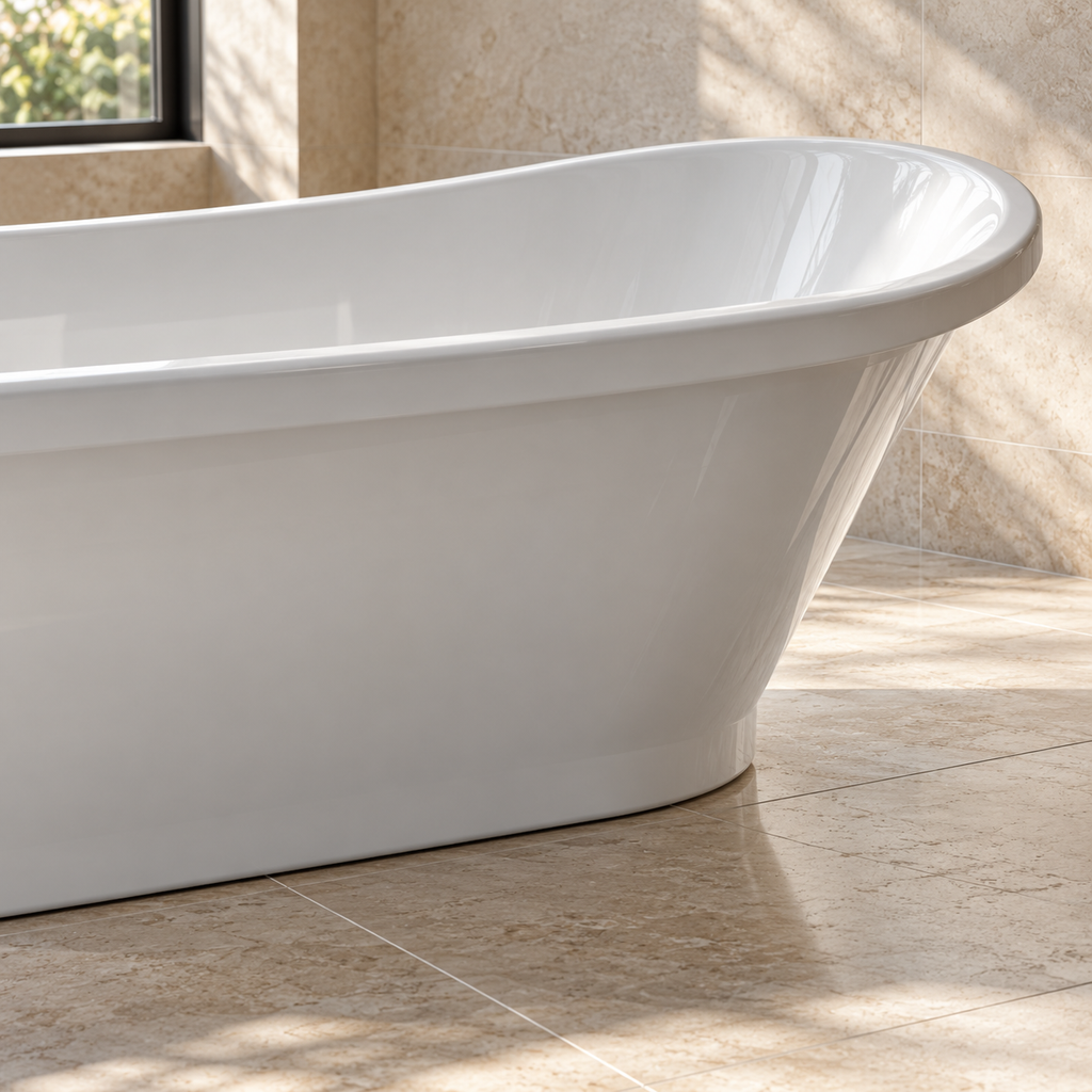 Baignoire îlot Olverton PIA blanc — détail de la courbe et de la base