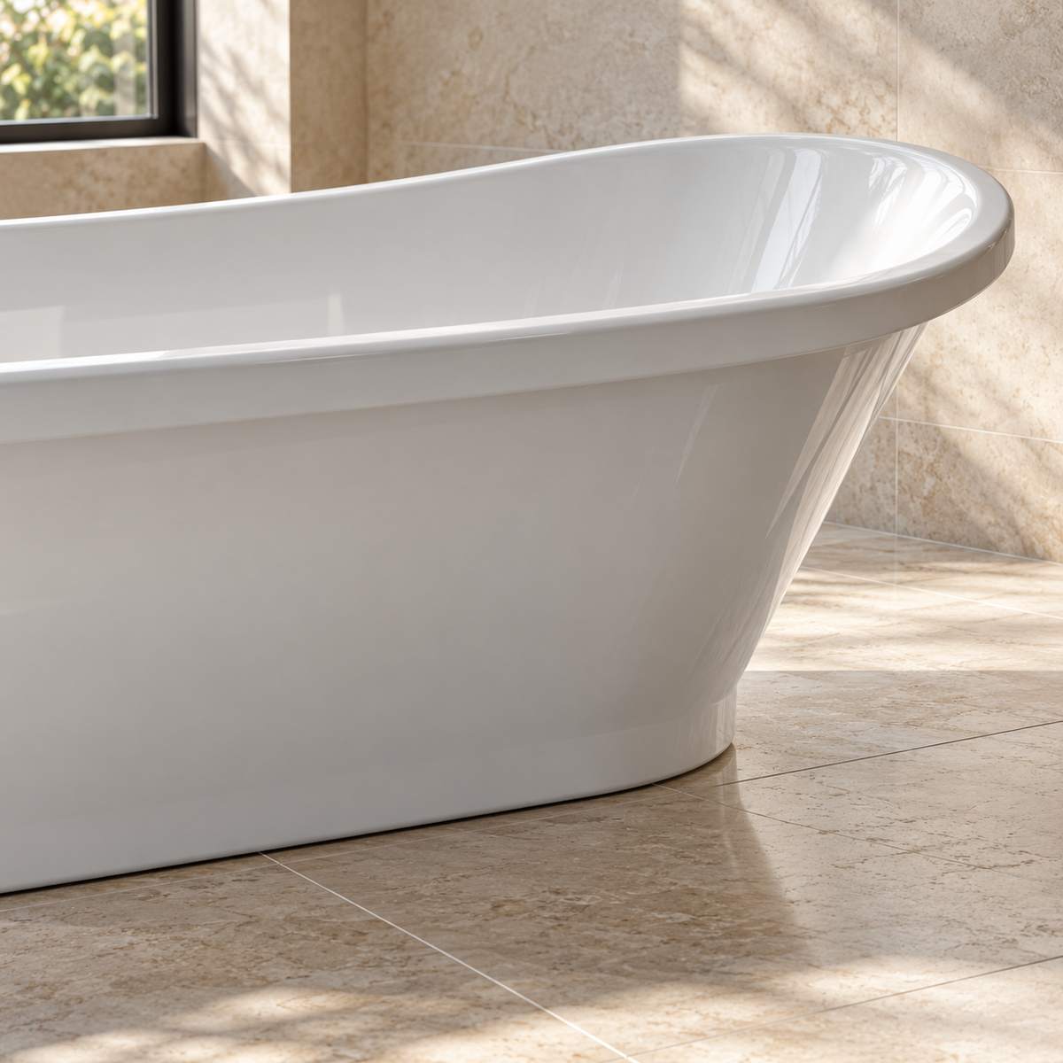 Baignoire îlot Olverton PIA blanc — détail de la courbe et de la base