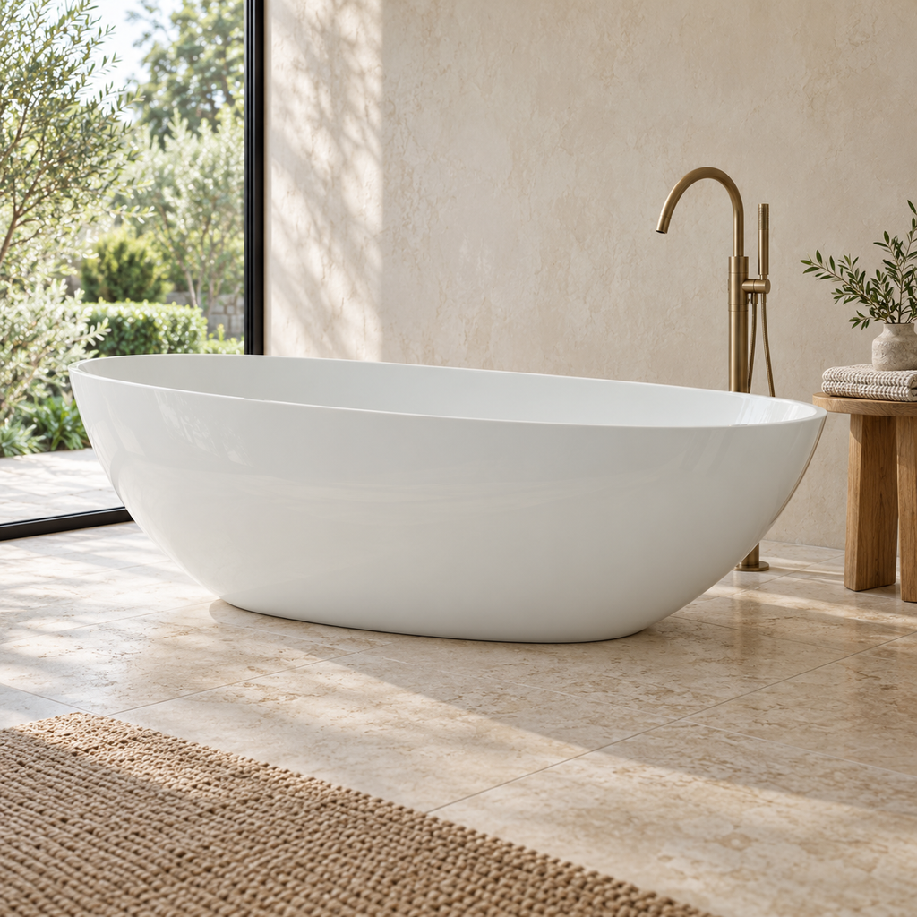 Baignoire îlot Olverton WIKA blanc — profil dans une salle de bain côté jardin