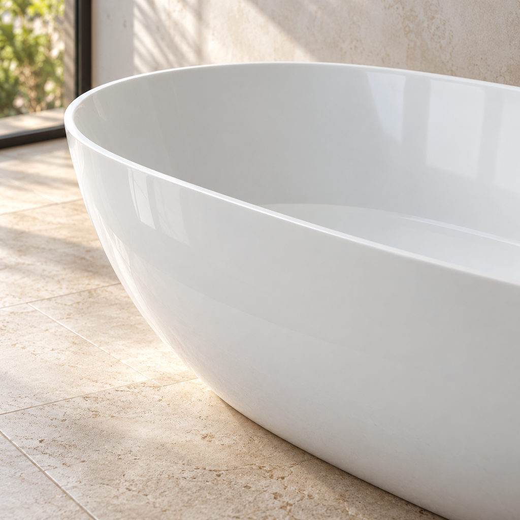 Baignoire îlot Olverton WIKA blanc — détail du rebord et de la finition