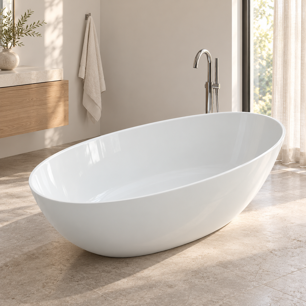 Baignoire îlot WIKA Olverton — mise en scène dans une salle de bain en pierre claire