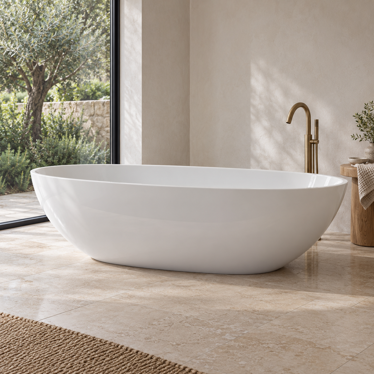 Baignoire îlot Olverton WILA I blanc — profil dans une salle de bain côté jardin