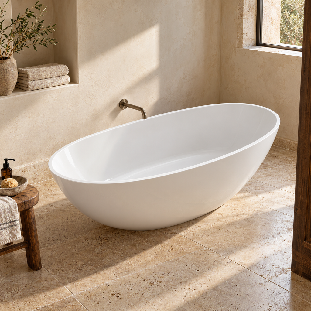 Baignoire îlot Olverton WILA I blanc — vue plongeante en ambiance minérale