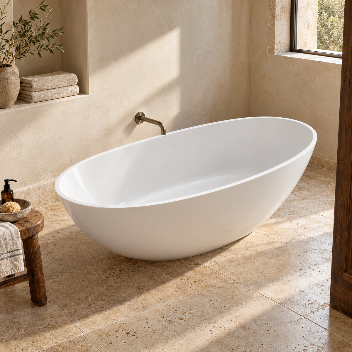 Baignoire îlot Olverton WILA I blanc — vue plongeante en ambiance minérale