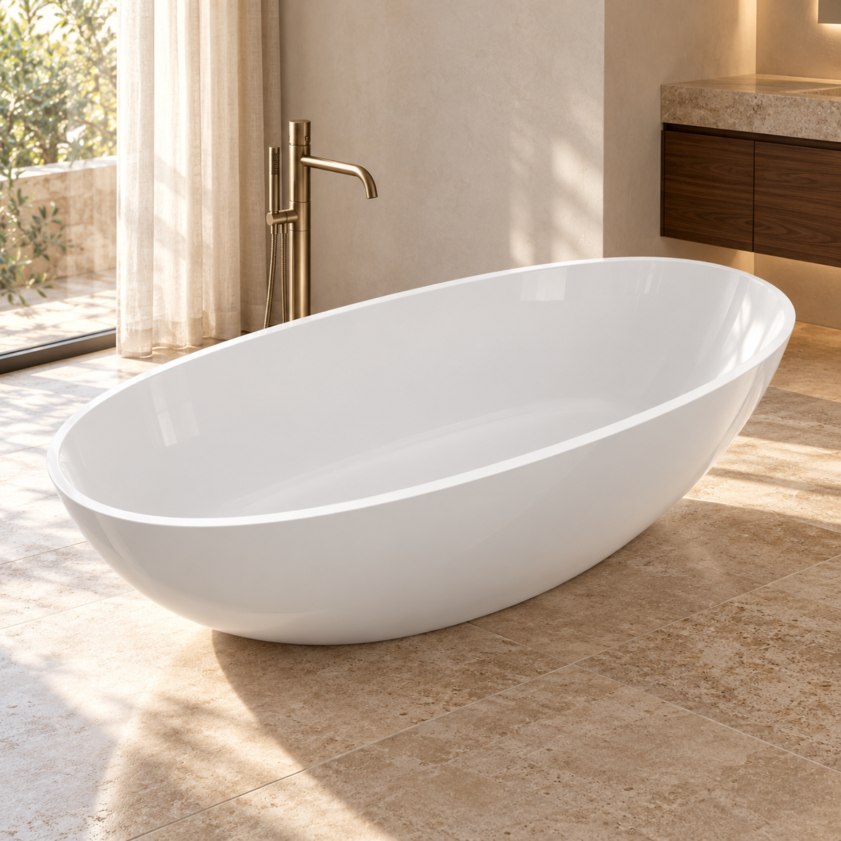 Baignoire îlot WILA I Olverton — mise en scène dans une salle de bain en pierre claire
