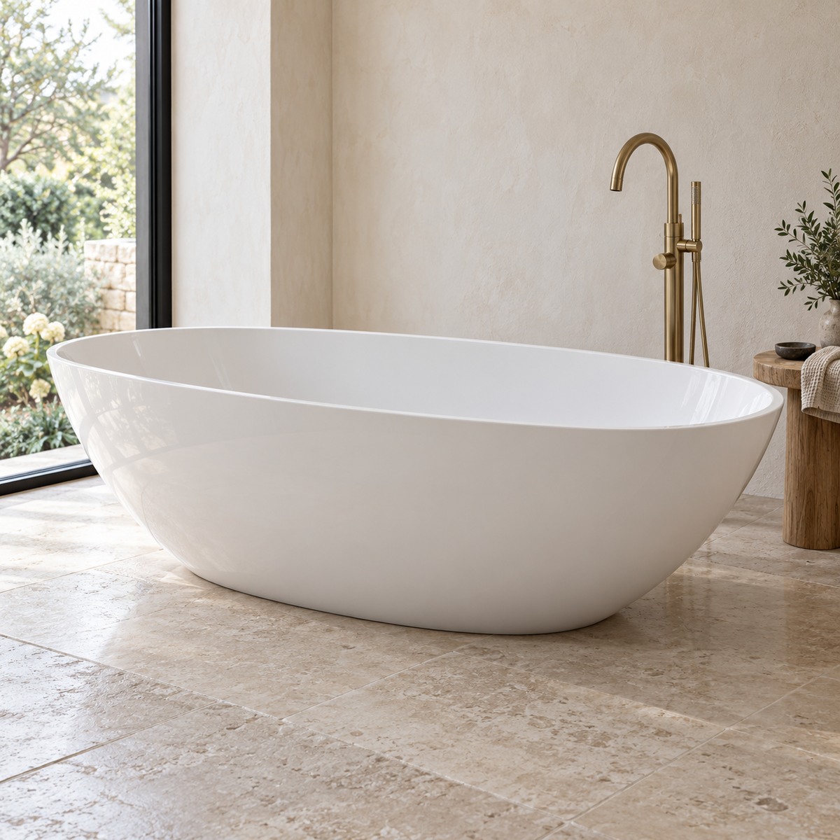 Baignoire îlot Olverton WILA II blanc — profil dans une salle de bain côté jardin