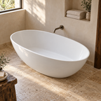 Baignoire îlot Olverton WILA II blanc — vue plongeante en ambiance minérale