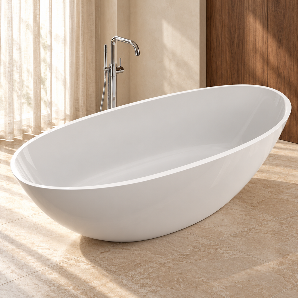 Baignoire îlot WILA II Olverton — mise en scène dans une salle de bain en pierre claire