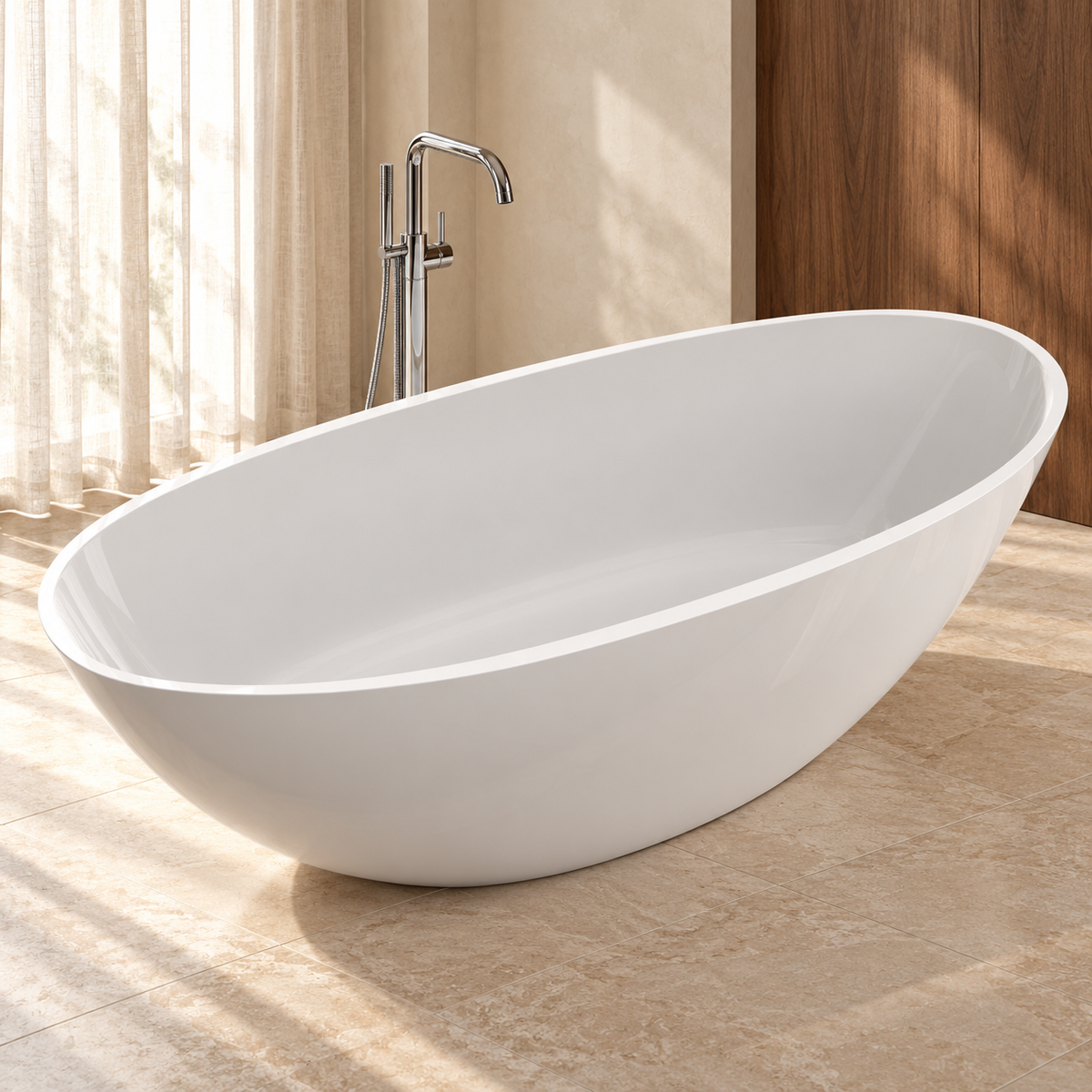 Baignoire îlot WILA II Olverton — mise en scène dans une salle de bain en pierre claire