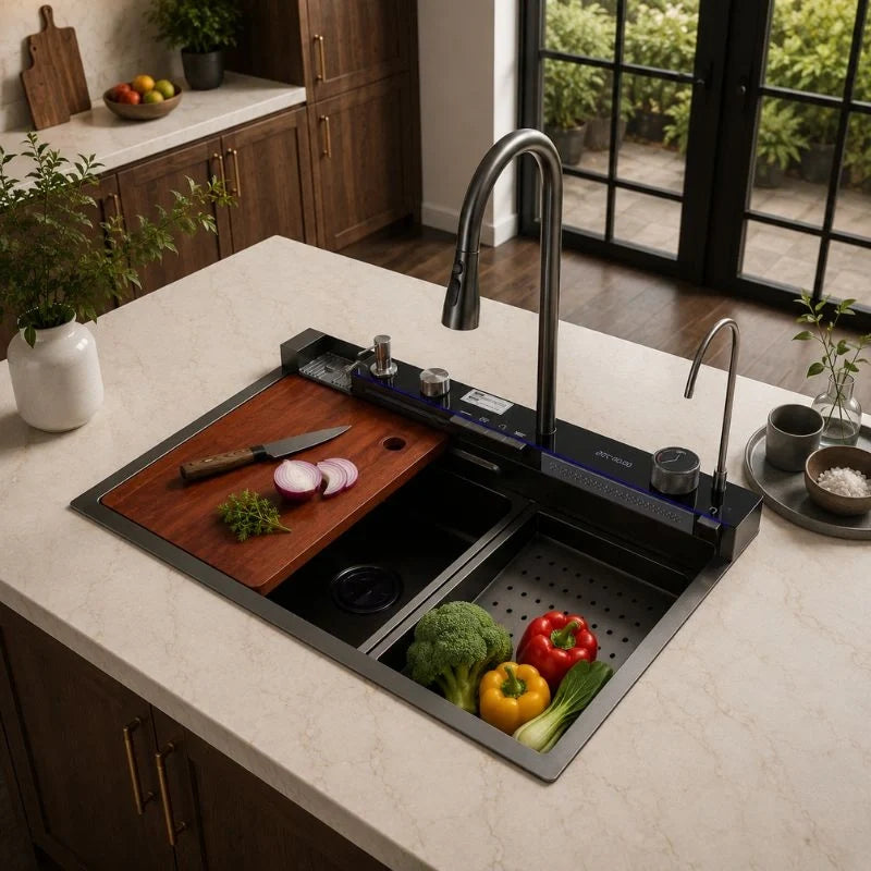 Évier de cuisine noir multifonction 75 × 46 cm avec robinet extractible - OVS7546-A1 — mise en situation