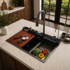 Évier de cuisine noir multifonction 75 × 46 cm avec robinet extractible - OVS7546-A1 — mise en situation