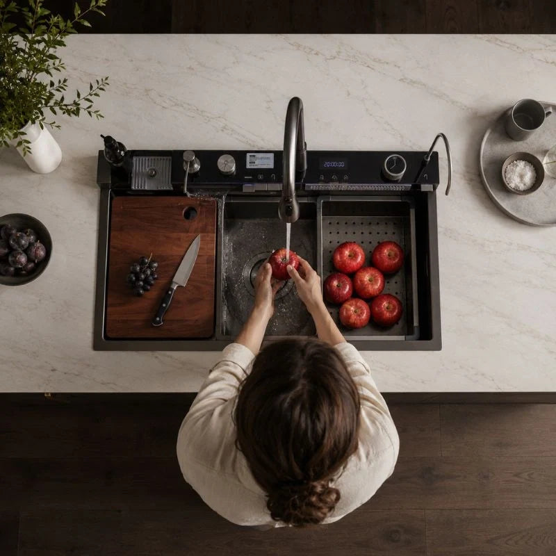 Évier de cuisine noir multifonction 75 × 46 cm avec robinet extractible - OVS7546-A1 — mise en situation