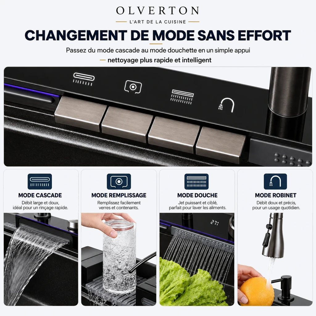 Évier de cuisine noir multifonction 75 × 46 cm avec robinet extractible - OVS7546-A1