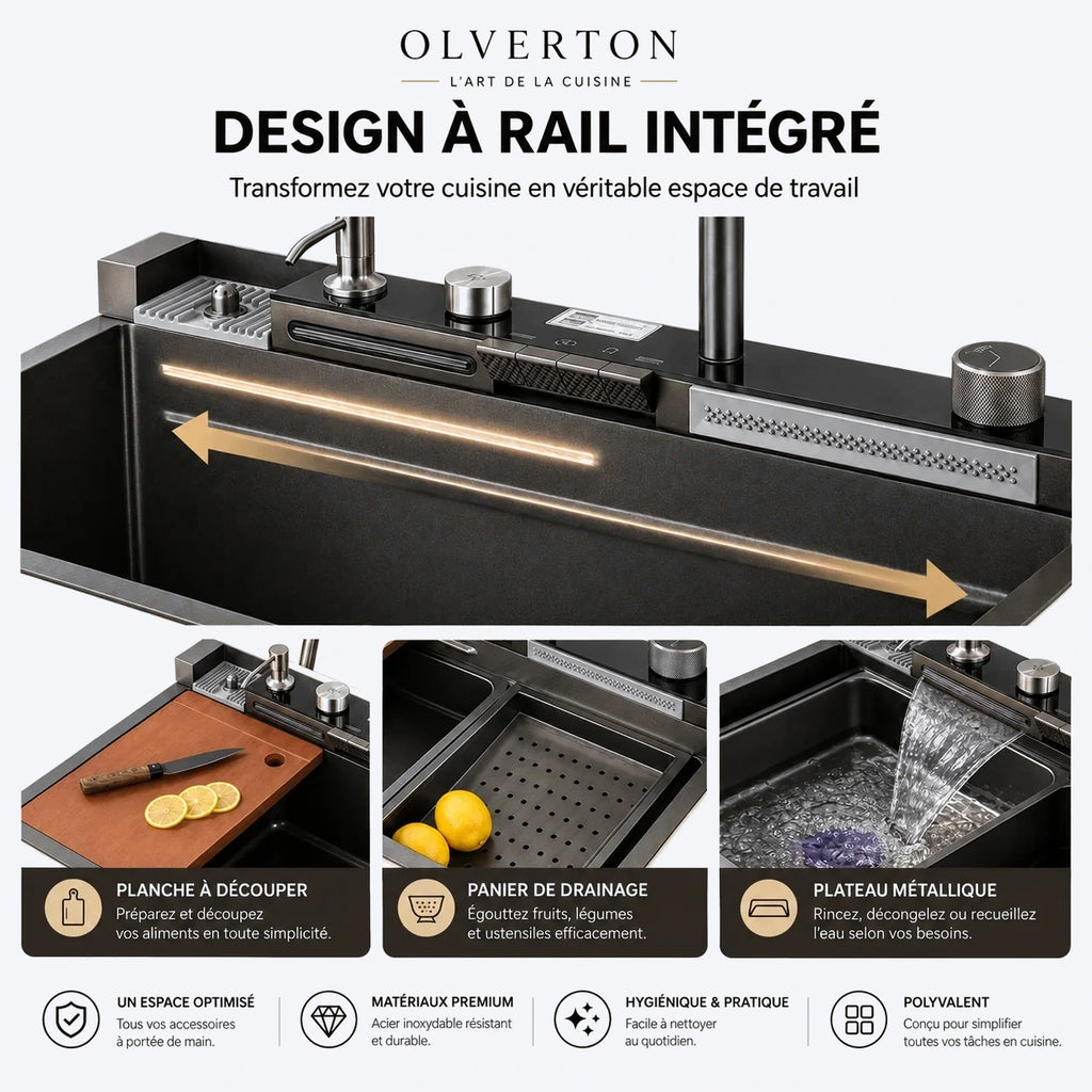 Évier de cuisine noir multifonction 75 × 46 cm avec robinet extractible - OVS7546-A1