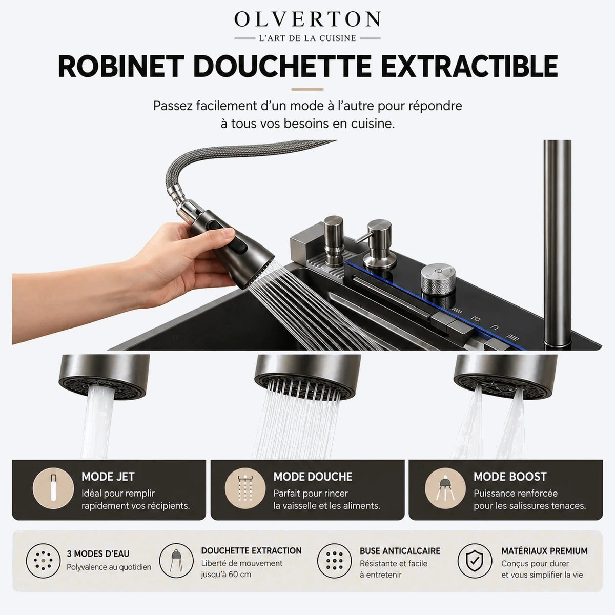 Évier de cuisine noir multifonction 75 × 46 cm avec robinet extractible - OVS7546-A1