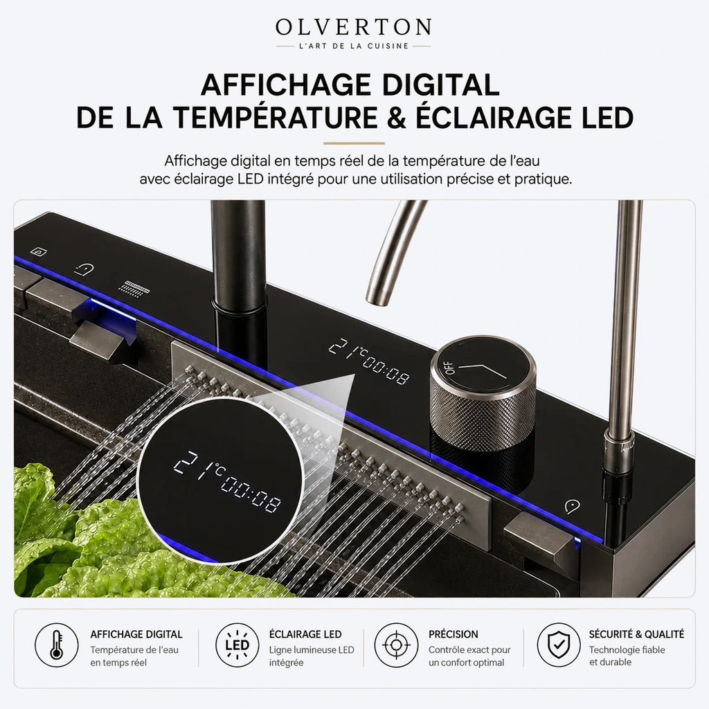 Évier de cuisine noir multifonction 75 × 46 cm avec robinet extractible - OVS7546-A1