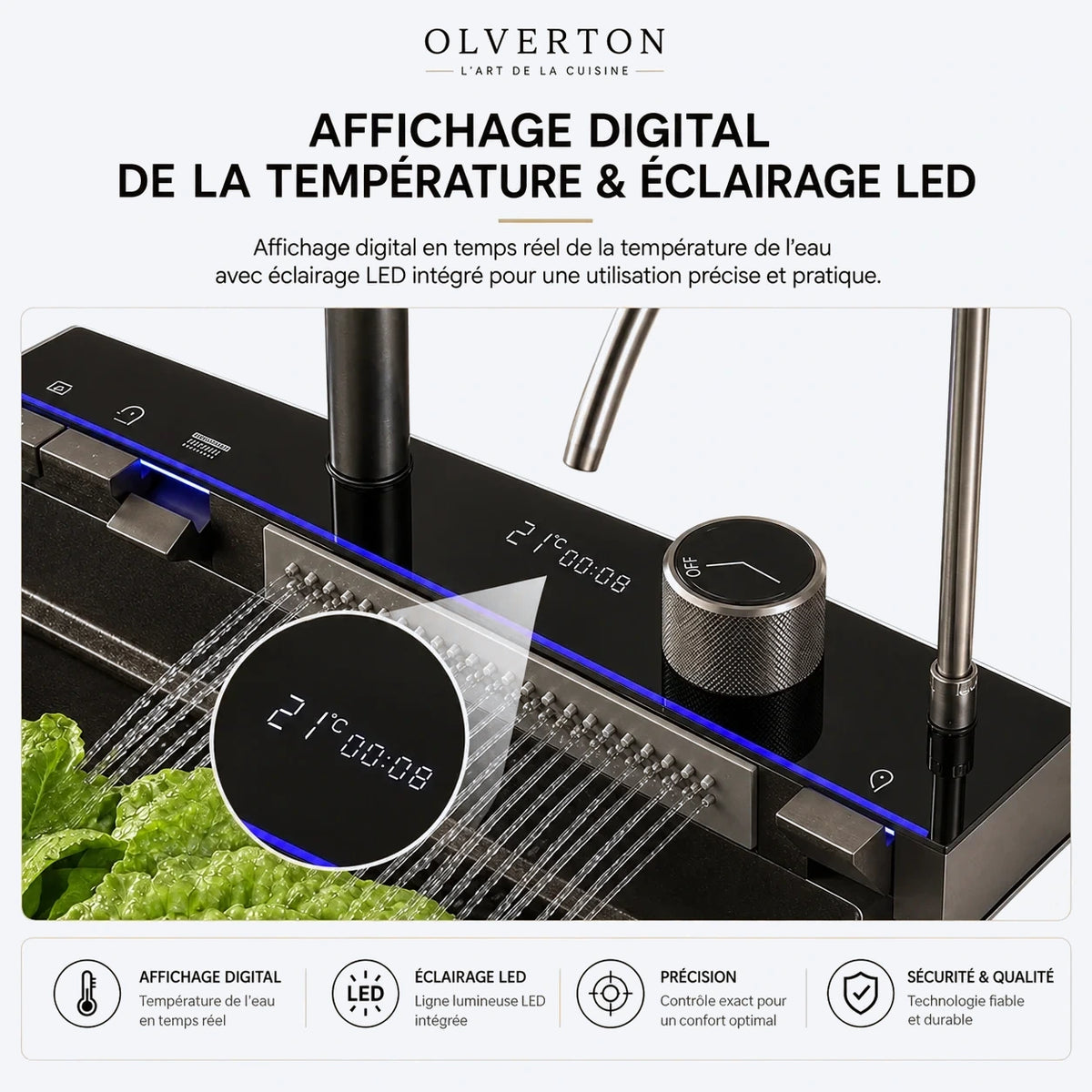 Évier de cuisine noir multifonction 75 × 46 cm avec robinet extractible - OVS7546-A1