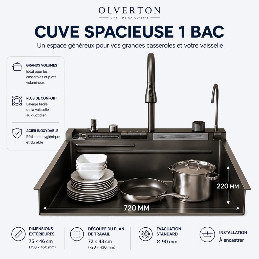 Évier de cuisine noir multifonction 75 × 46 cm avec robinet extractible - OVS7546-A1