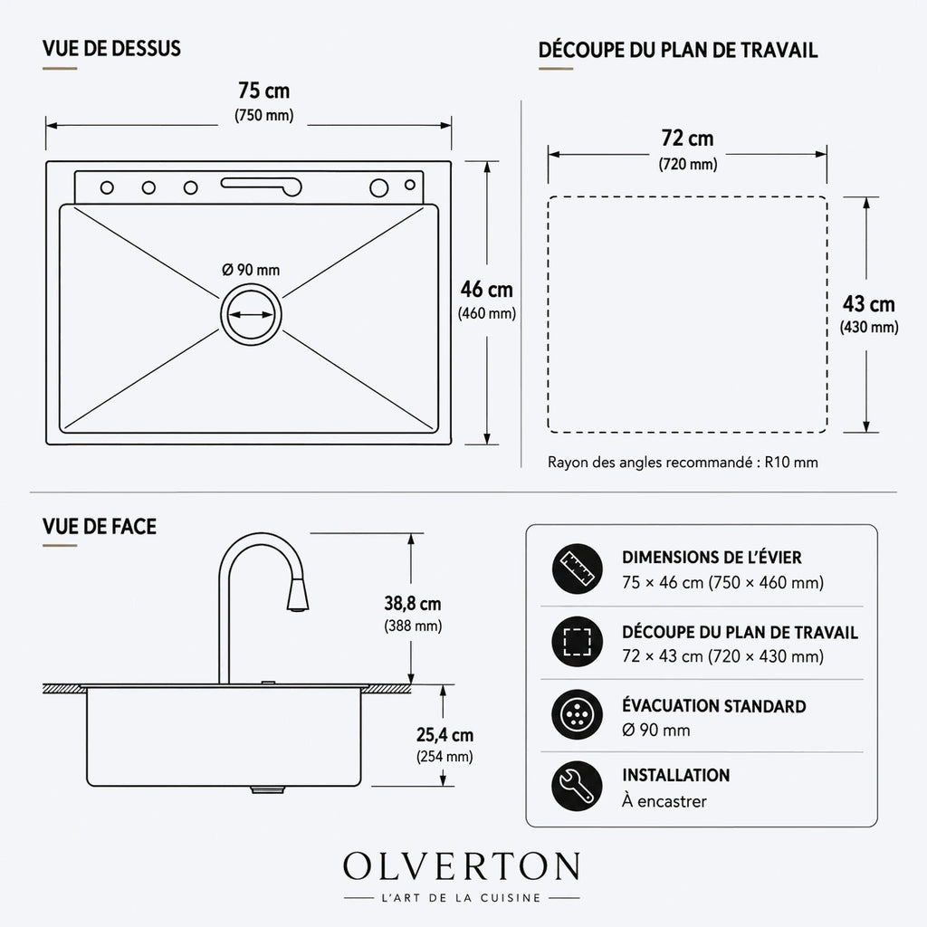 Évier de cuisine noir multifonction 75 × 46 cm avec robinet extractible - OVS7546-A1