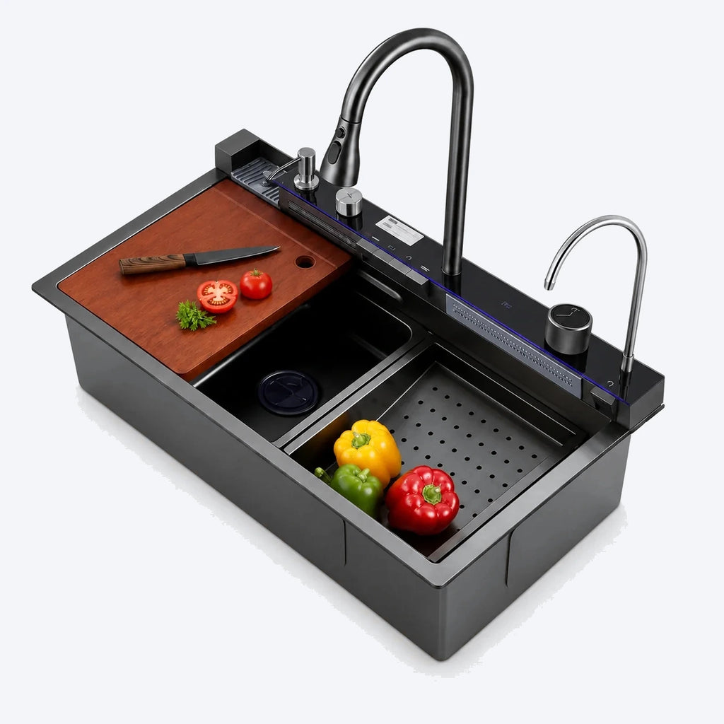 Évier de cuisine noir multifonction 75 × 46 cm avec robinet extractible - OVS7546-A1