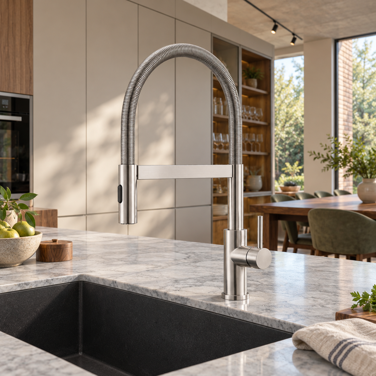 Mitigeur à ressort en inox brossé — dans une cuisine contemporaine en bois et pierre