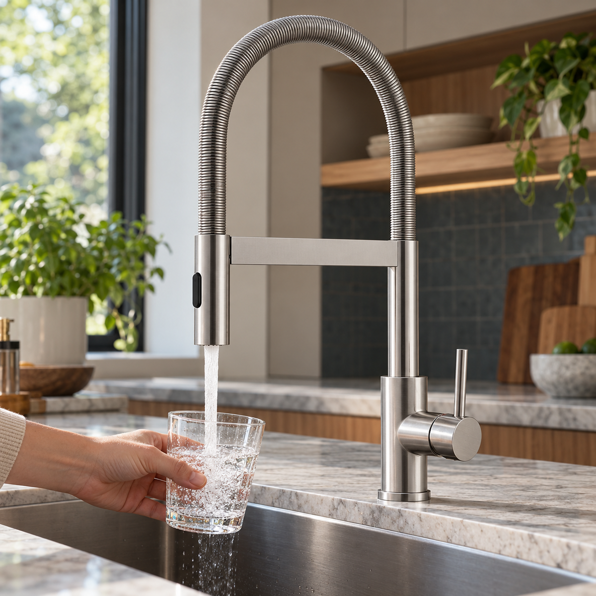Mitigeur à ressort en inox brossé — jet aéré pour remplir un verre