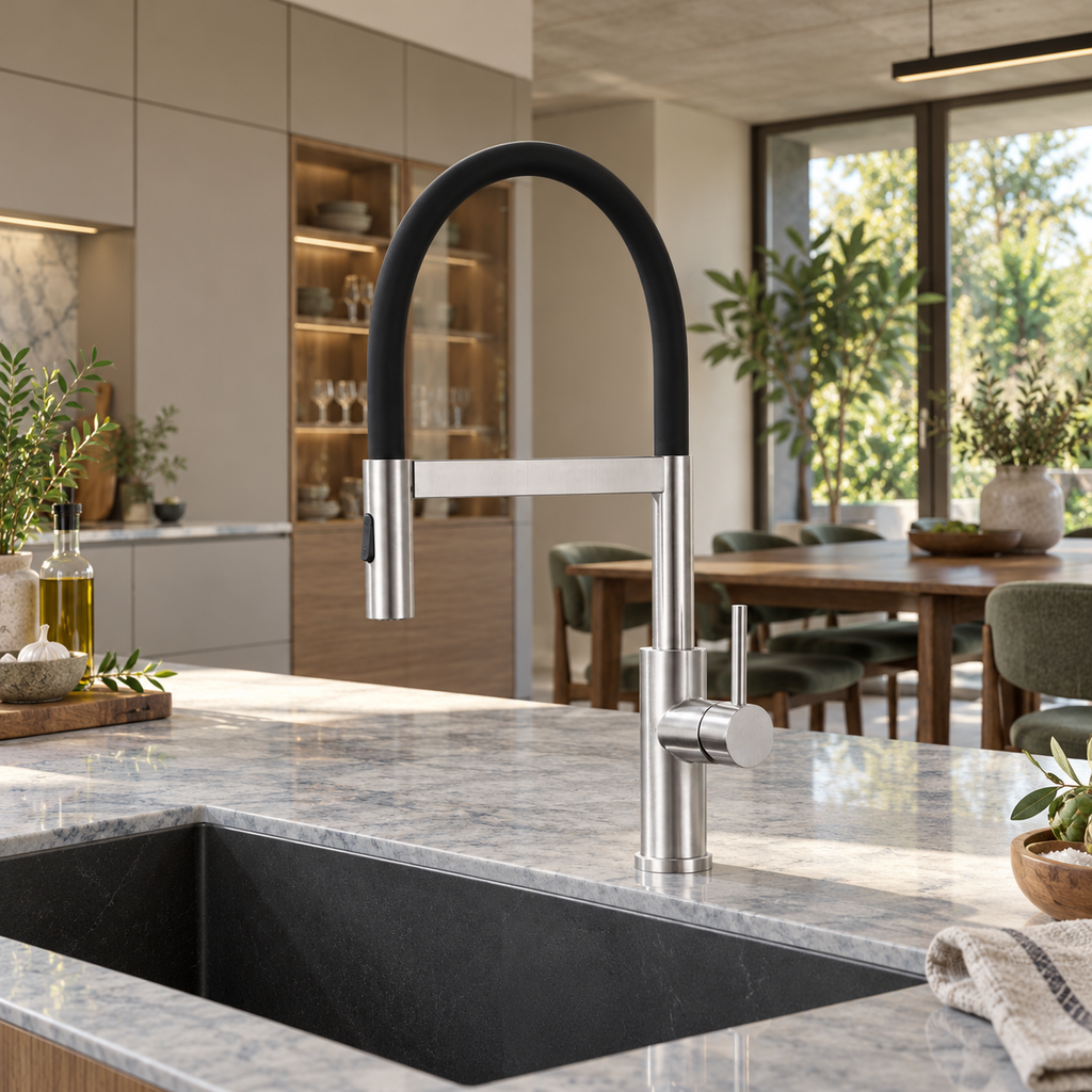 Mitigeur inox brossé à col silicone noir — dans une cuisine contemporaine en bois et pierre