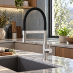 Mitigeur inox brossé à col silicone noir — vue rapprochée de profil
