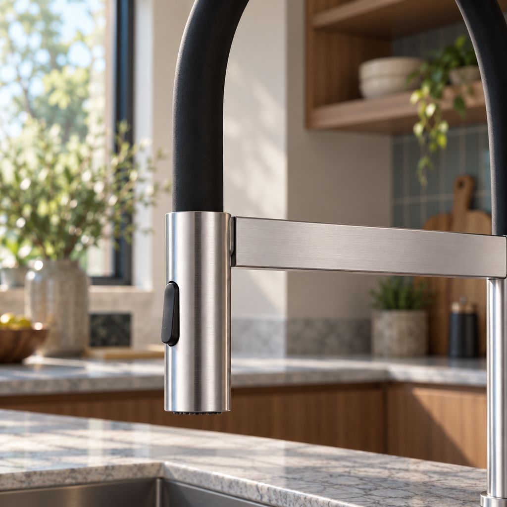 Mitigeur inox brossé à col silicone noir — détail de la douchette et du support magnétique