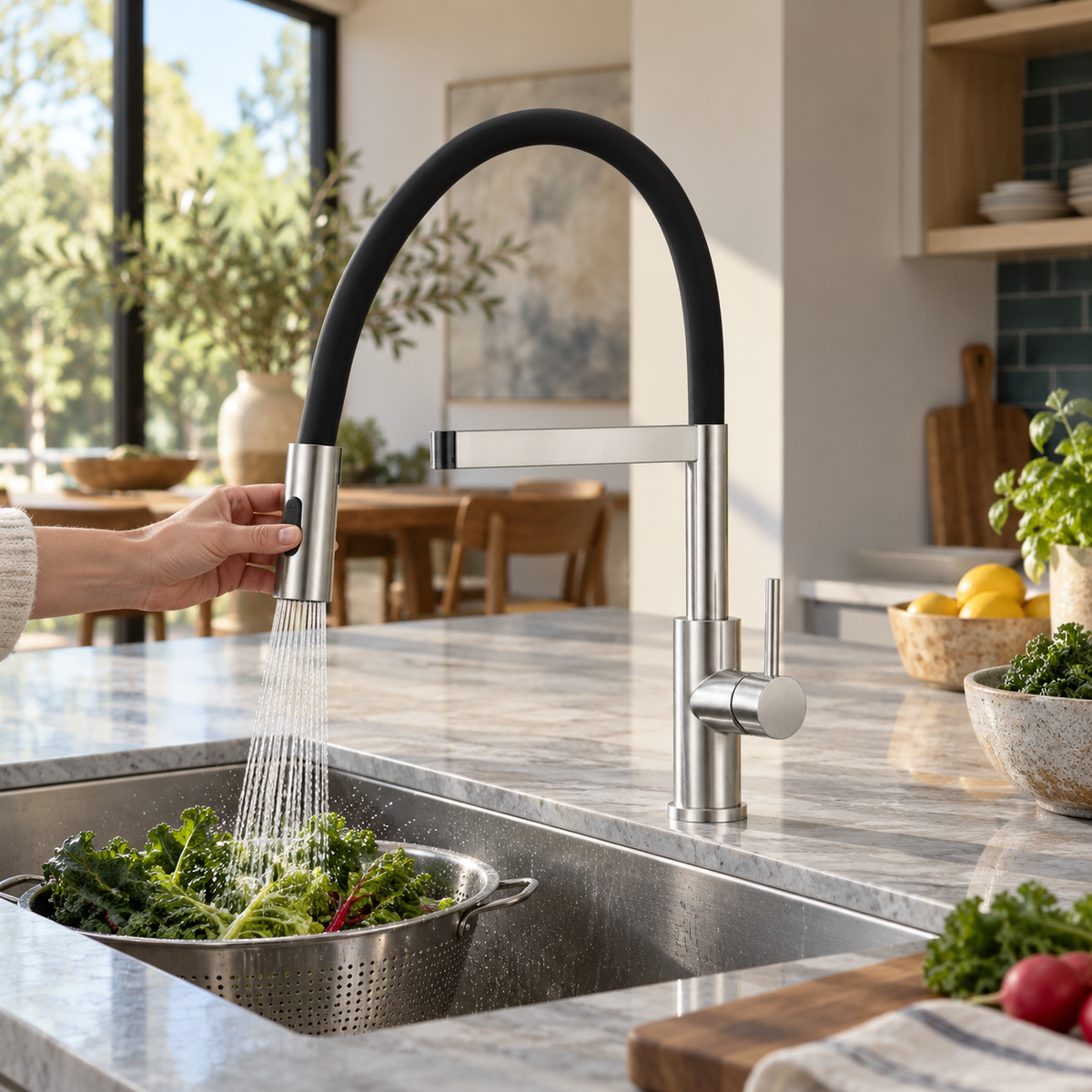 Mitigeur inox brossé à col silicone noir — douchette en main pour rincer des légumes