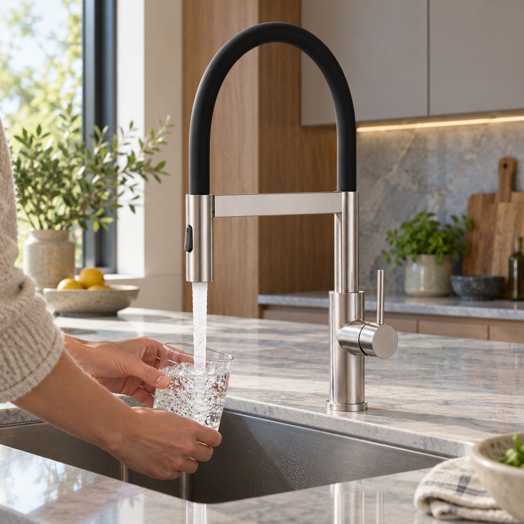 Mitigeur inox brossé à col silicone noir — jet aéré pour remplir un verre
