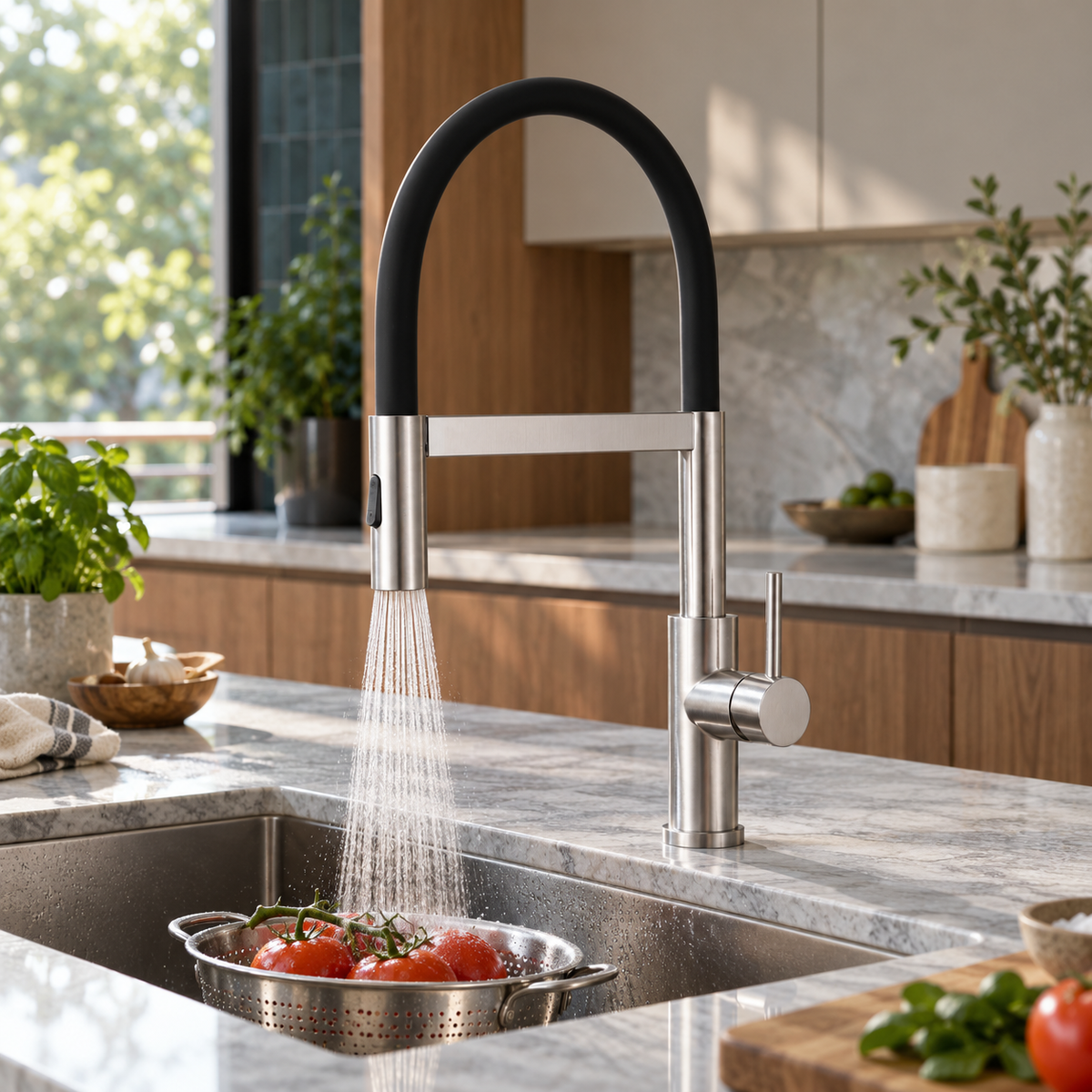 Mitigeur inox brossé à col silicone noir — jet douchette pour rincer des tomates