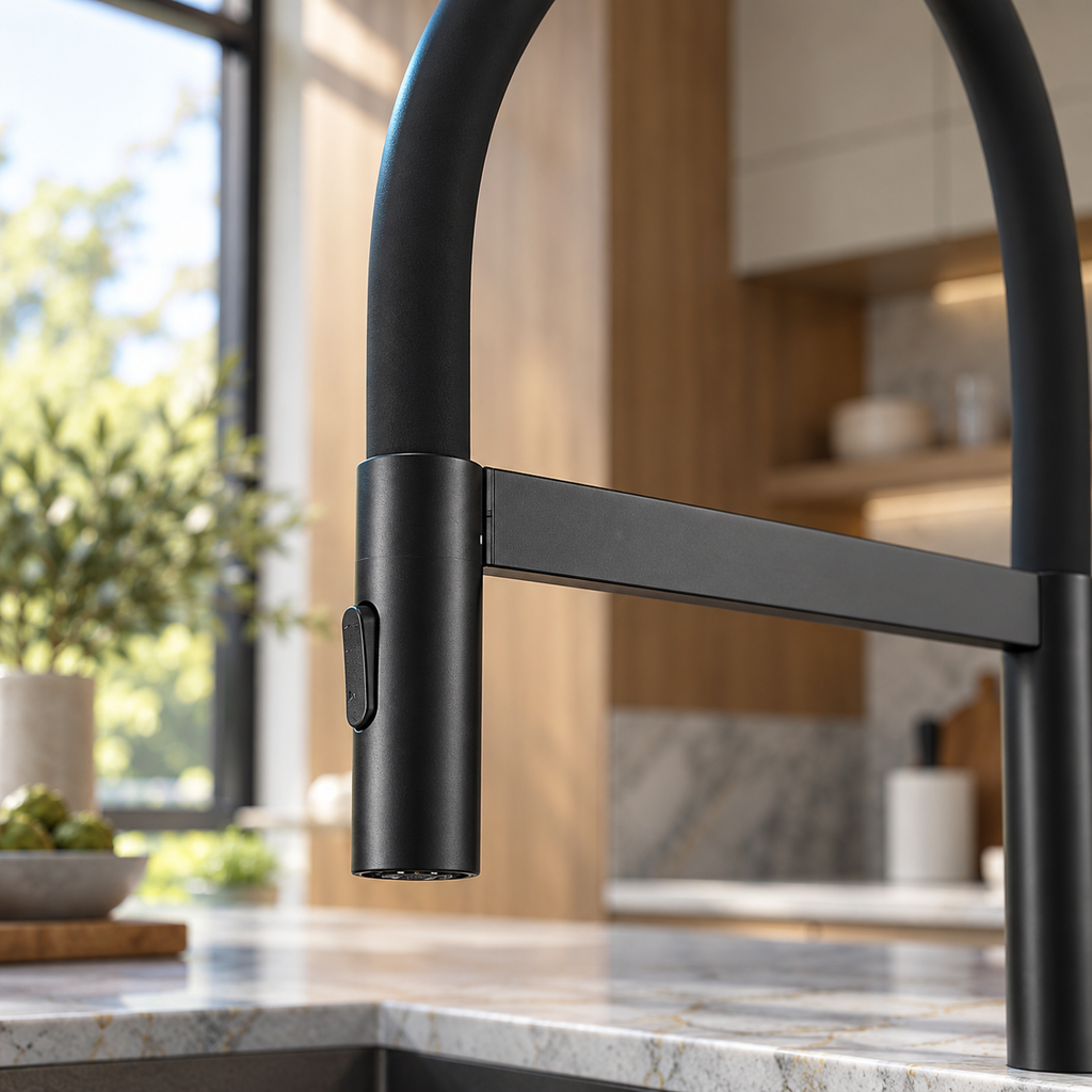 Mitigeur noir à col silicone — détail de la douchette et du support magnétique