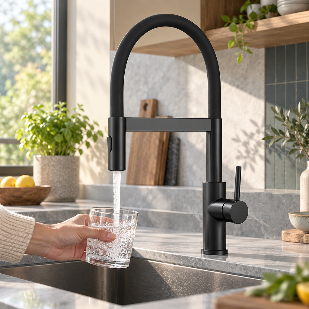 Mitigeur noir à col silicone — jet aéré pour remplir un verre