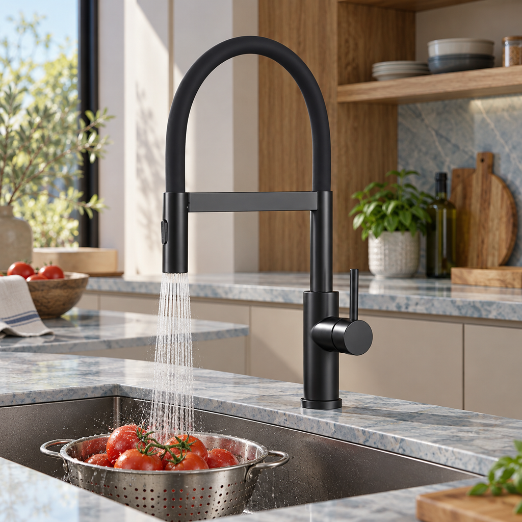Mitigeur noir à col silicone — jet douchette pour rincer des tomates