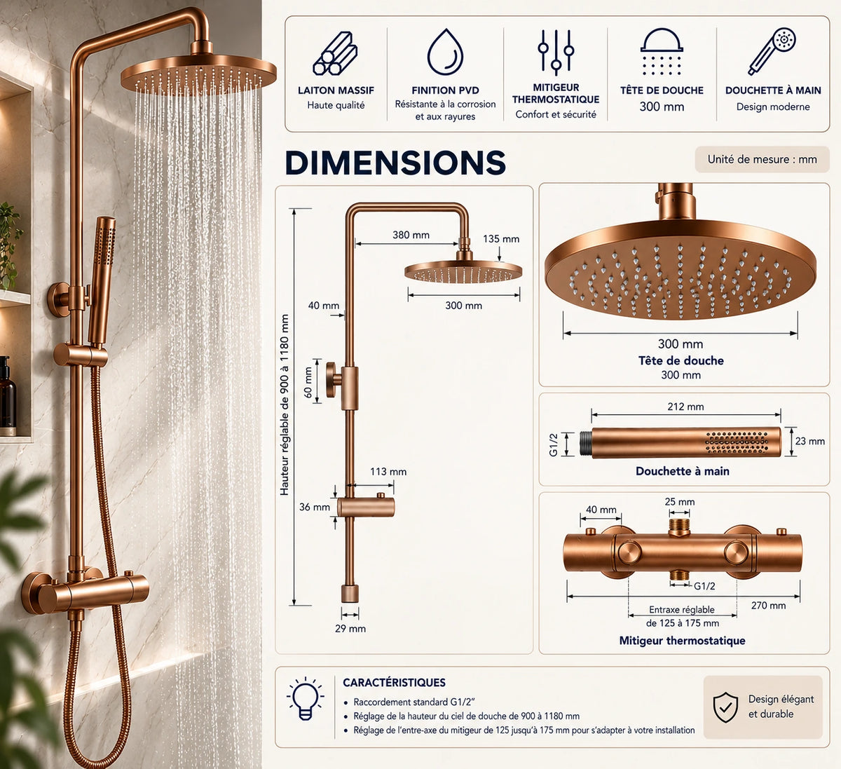 Colonne de douche thermostatique or rose brossé - ALTO