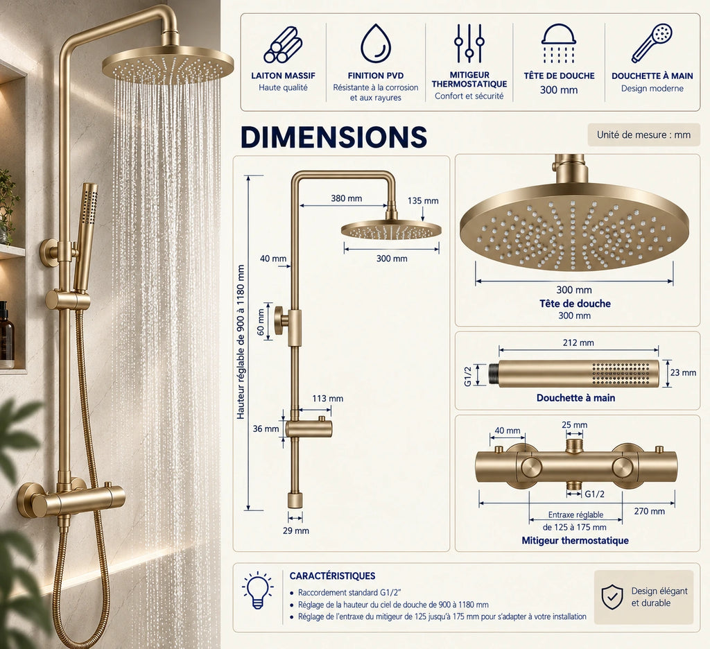 Colonne de douche thermostatique or brossé - ALTO