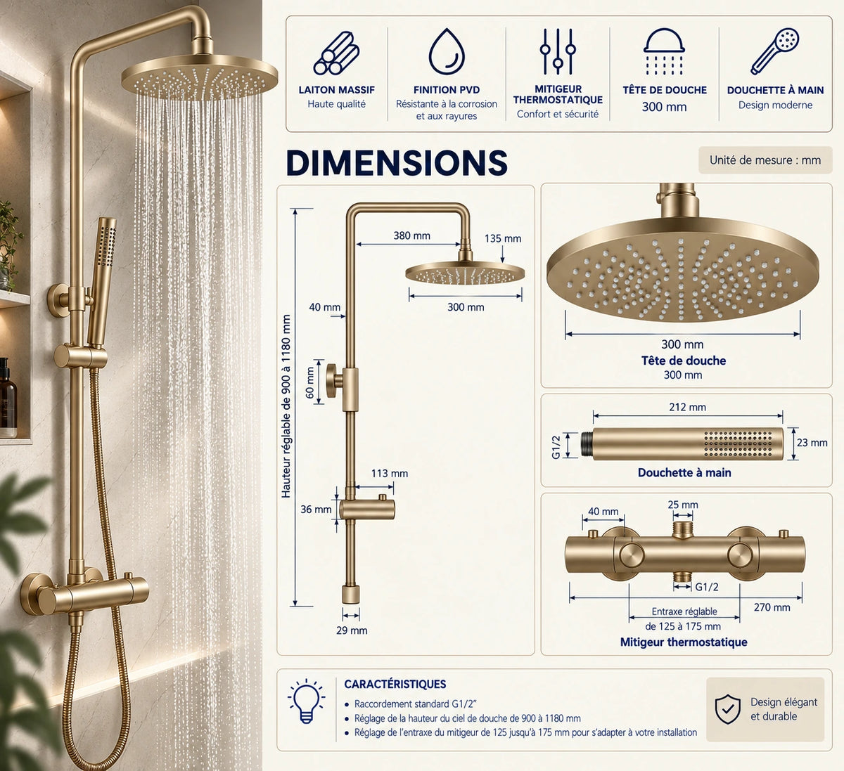 Colonne de douche thermostatique or brossé - ALTO