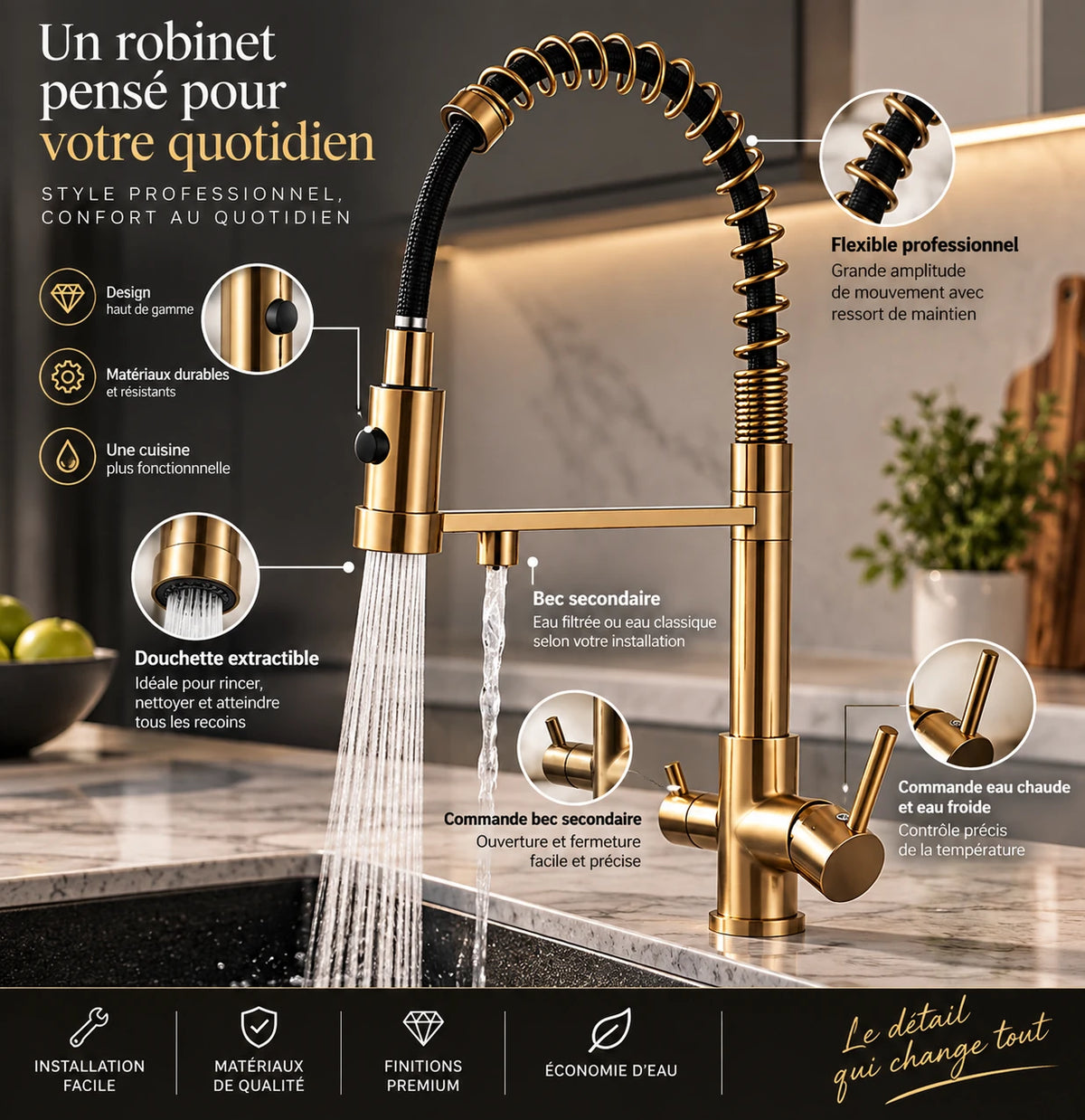 Mitigeur de cuisine 3 voies avec douchette - KÖL