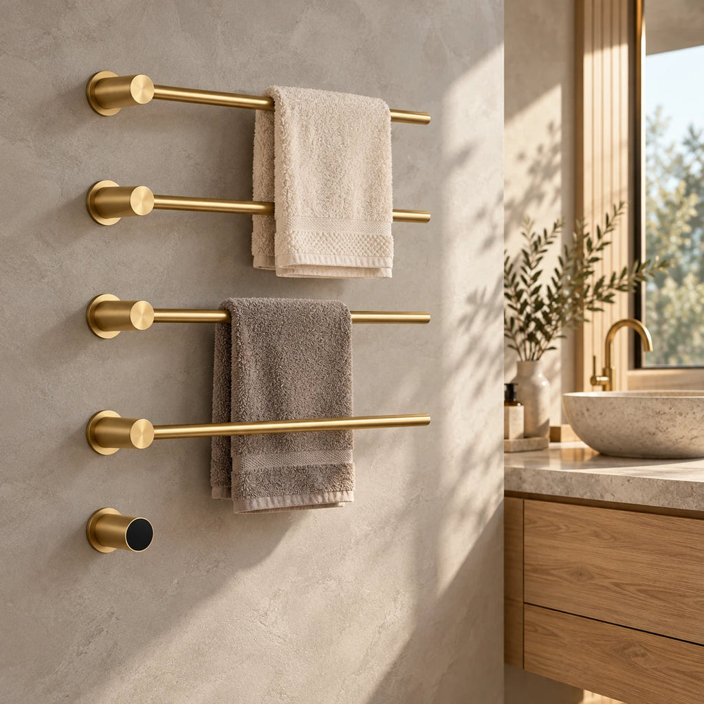 Deux serviettes de bain posées sur les barres du sèche-serviettes RIÖ or brossé