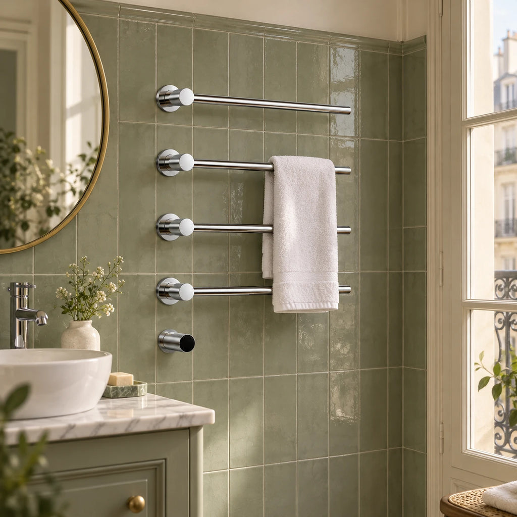 Sèche-serviettes encastré RIÖ chrome 4 barres dans une salle de bain à faïence vert sauge