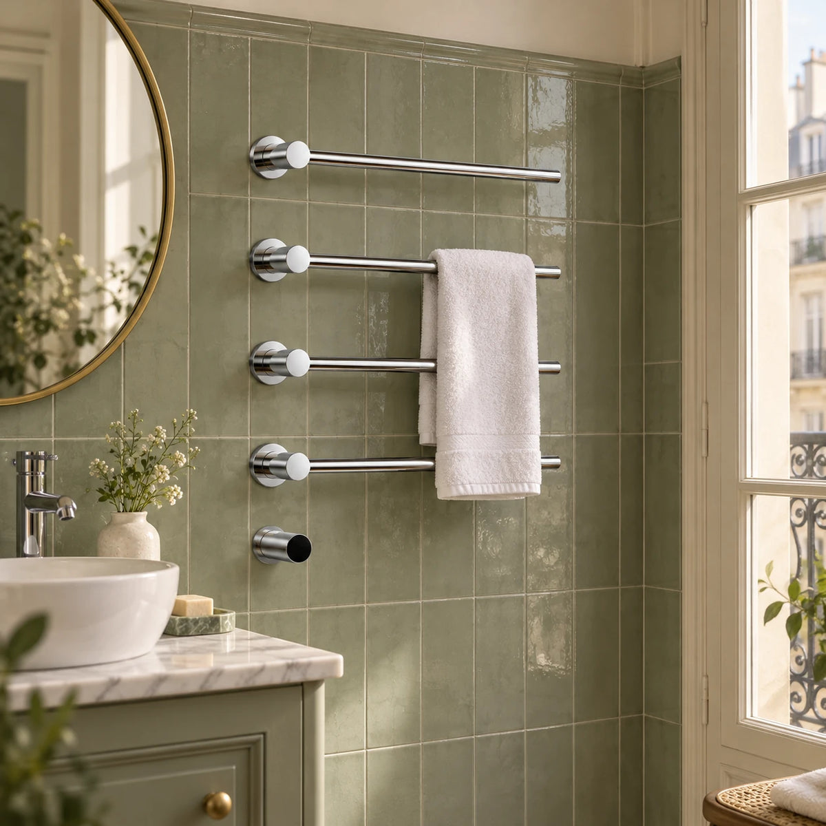 Sèche-serviettes encastré RIÖ chrome 4 barres dans une salle de bain à faïence vert sauge