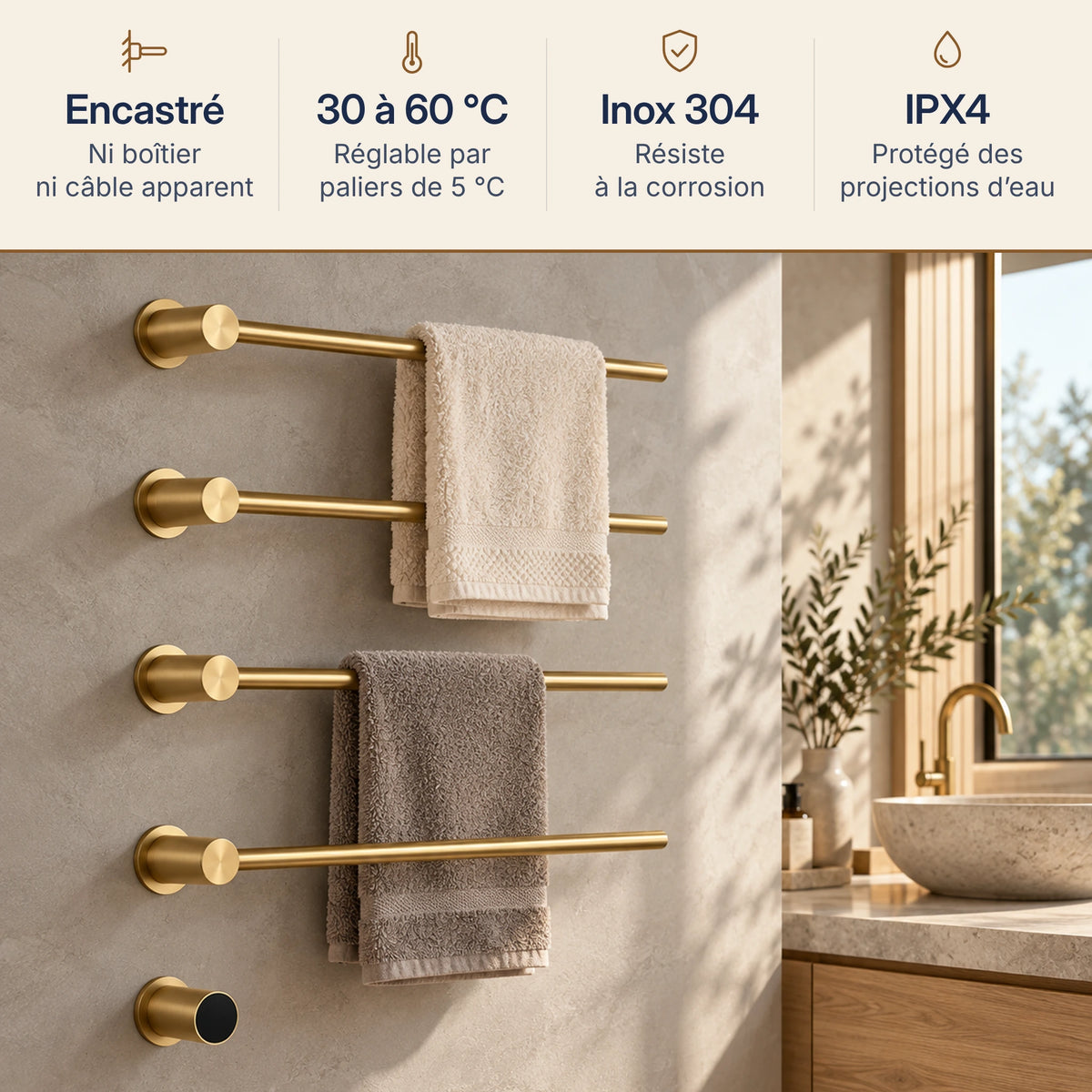 Les atouts du sèche-serviettes RIÖ : encastré, réglable de 30 à 60 °C, inox 304, protection IPX4