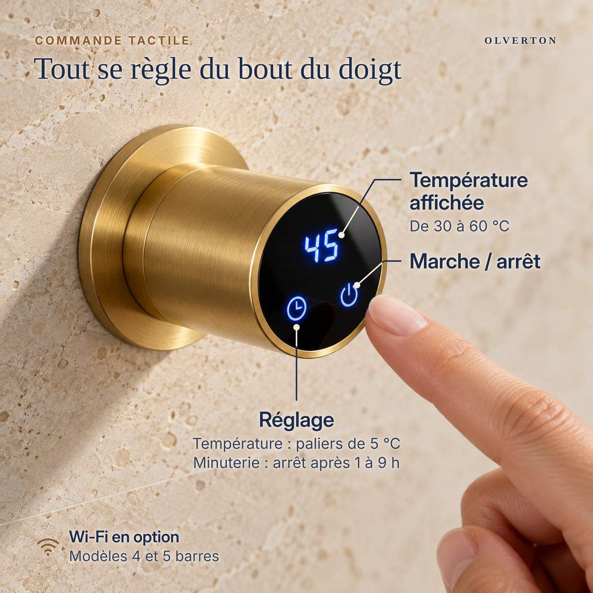 Commande tactile du sèche-serviettes RIÖ : température affichée, marche / arrêt, réglage de la température et de la minuterie