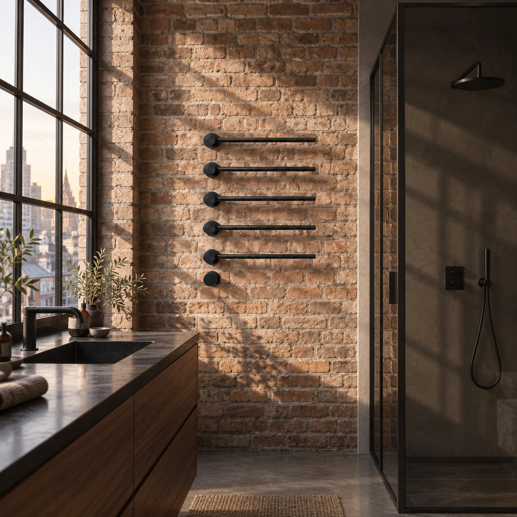 Sèche-serviettes encastré RIÖ noir mat 5 barres sur un mur de briques, salle de bain de loft