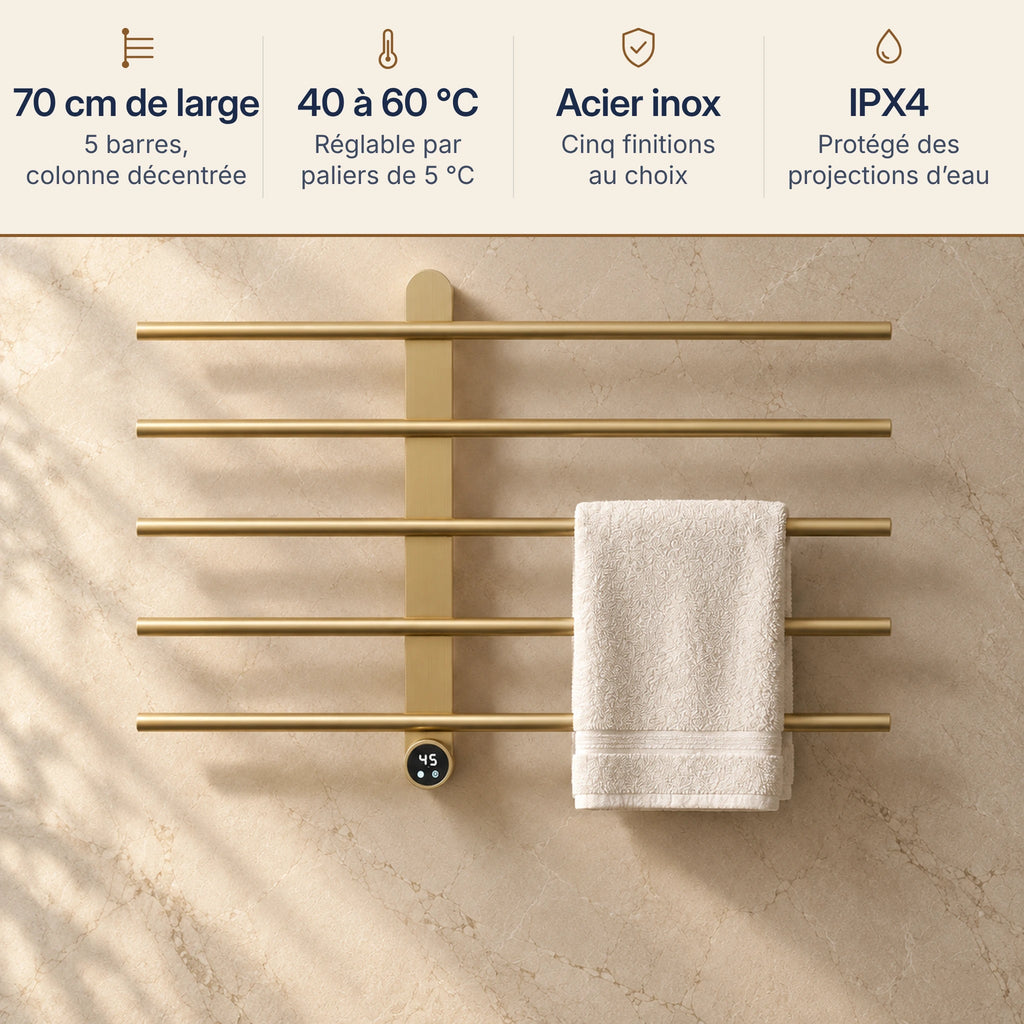 Les atouts du sèche-serviettes FEMÖ : 70 cm de large, 40 à 60 °C, acier inoxydable, IPX4