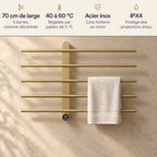 Les atouts du sèche-serviettes FEMÖ : 70 cm de large, 40 à 60 °C, acier inoxydable, IPX4