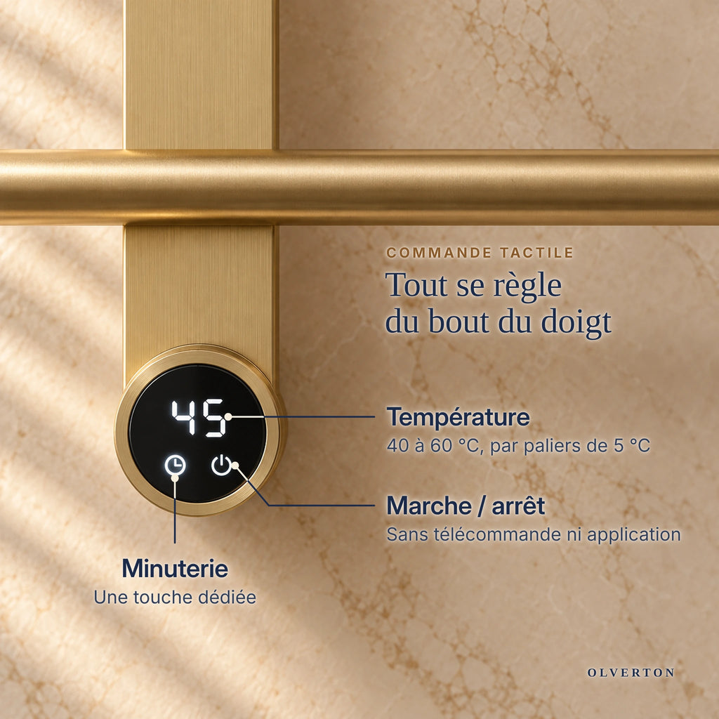Commande tactile du sèche-serviettes FEMÖ : température, marche / arrêt et minuterie